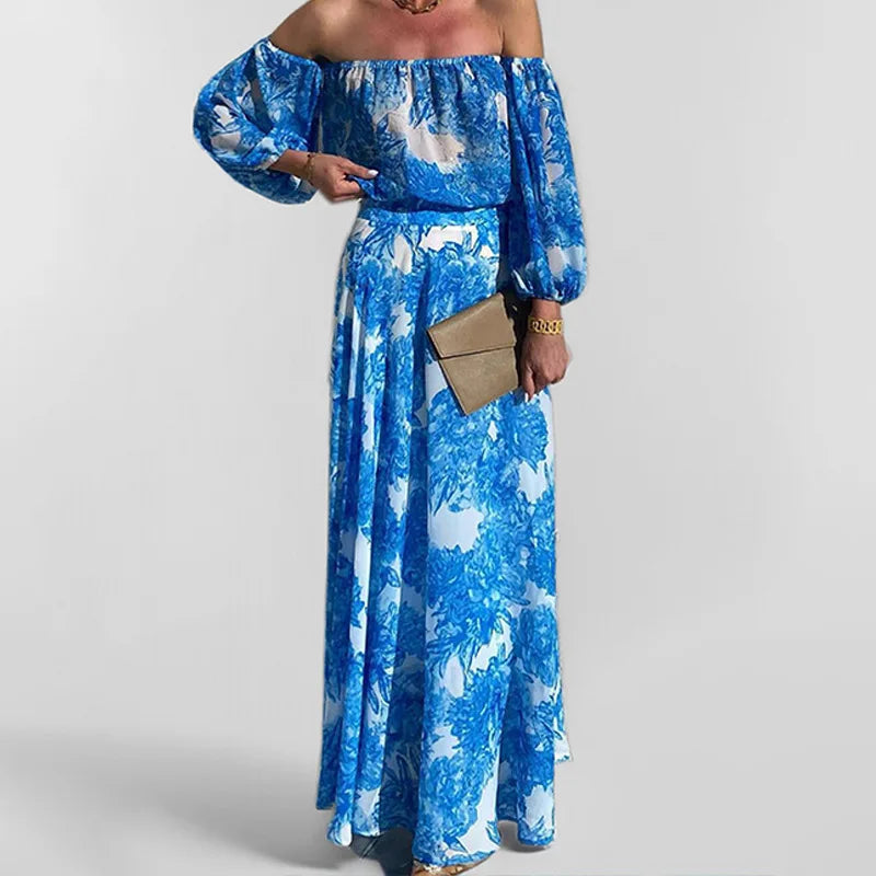 VEITCHE Summer Sexy Off Shoulder Women Long Dress Vacation Style Blue Printed High Waist Bubble Sleeve Sexy Maxi Dresses