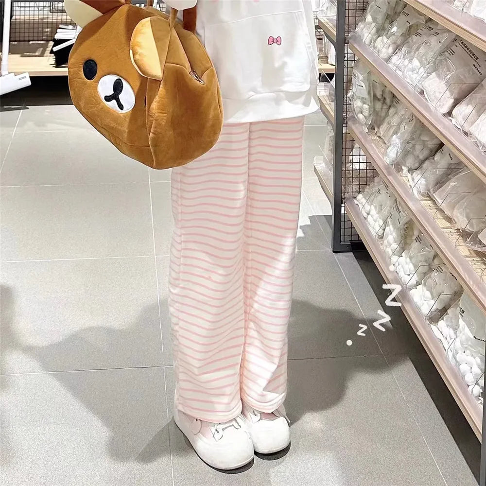 Cute Y2K Striped Pants Women Kawaii Sweet Harajuku Fleece Sports Korean Fashion Sweatpants Girly Basic Cartoon Japanese Trousers