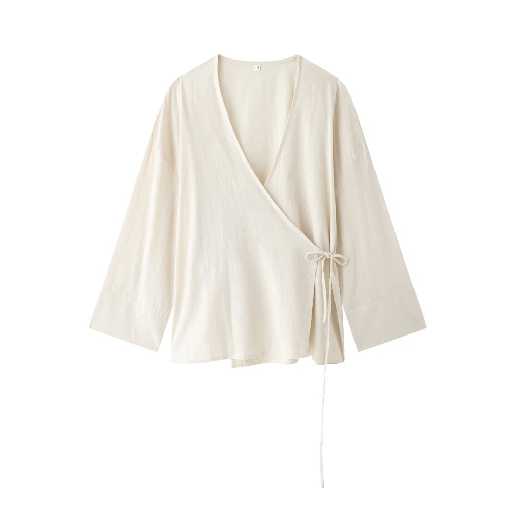 Women Fashion With Tied Loose Kimono Blouses And High Elastic Waist Side Pockets Pants Female Two Piece Sets Mujer