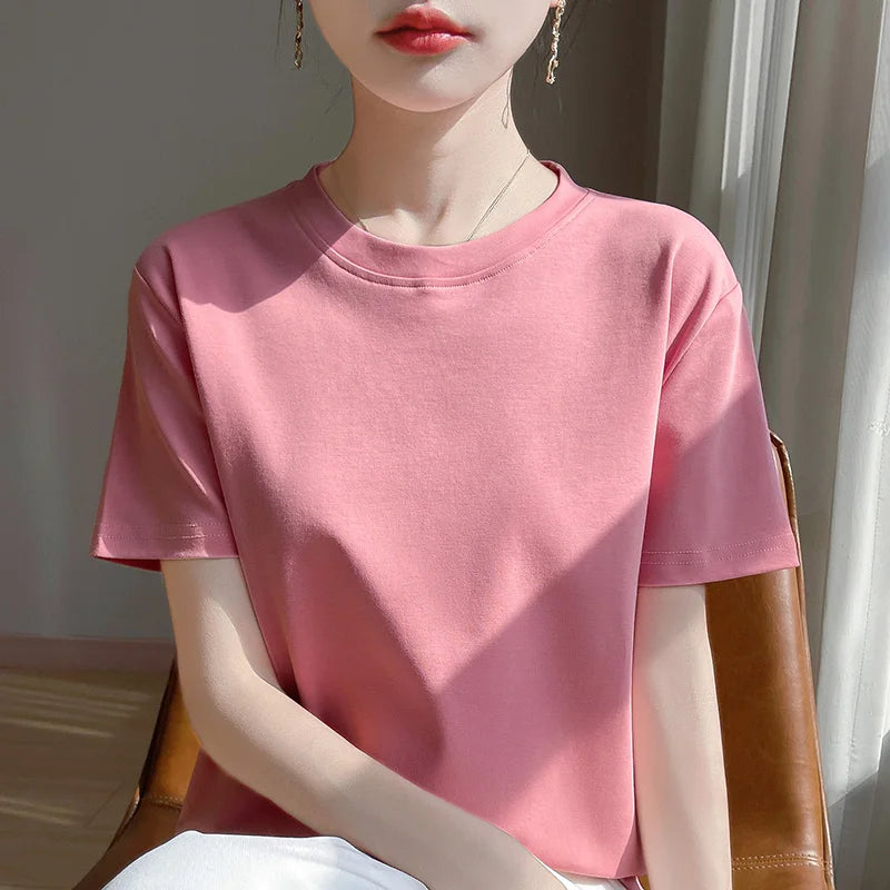 Summer Round Neck Cotton Short-Sleeved Women's T-Shirt Loose Pure Casual Top Mercerized Cotton Bottoming Shirt