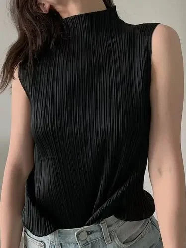 Miyake Pleated Elegant Fashion Temperament Solid Color Half High Neck Sleeveless Women's Vest 2023 Summer New Breathable Top