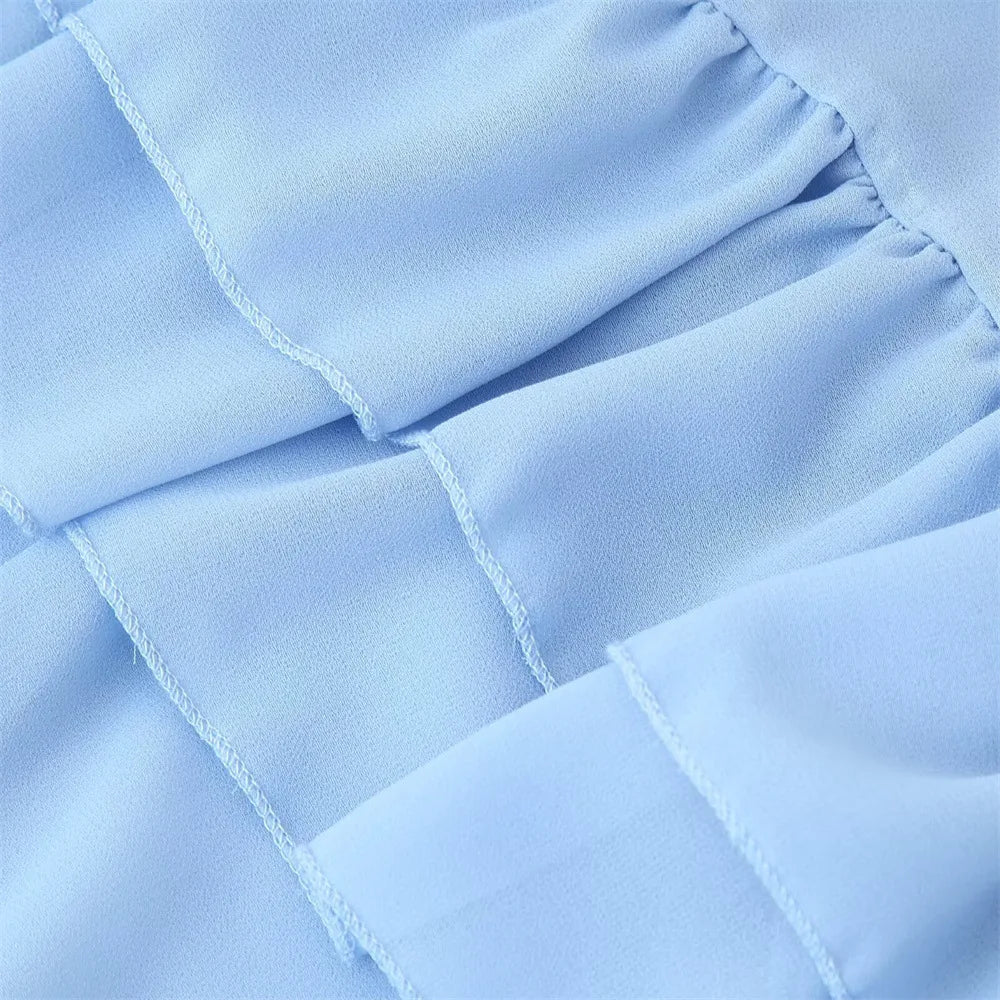 VEITCHE Fashion Women Chiffon Ruffles Mini Dresses Loose Turtleneck Flare Sleeve Blue Dress Spring Summer Lady Vacation Robes