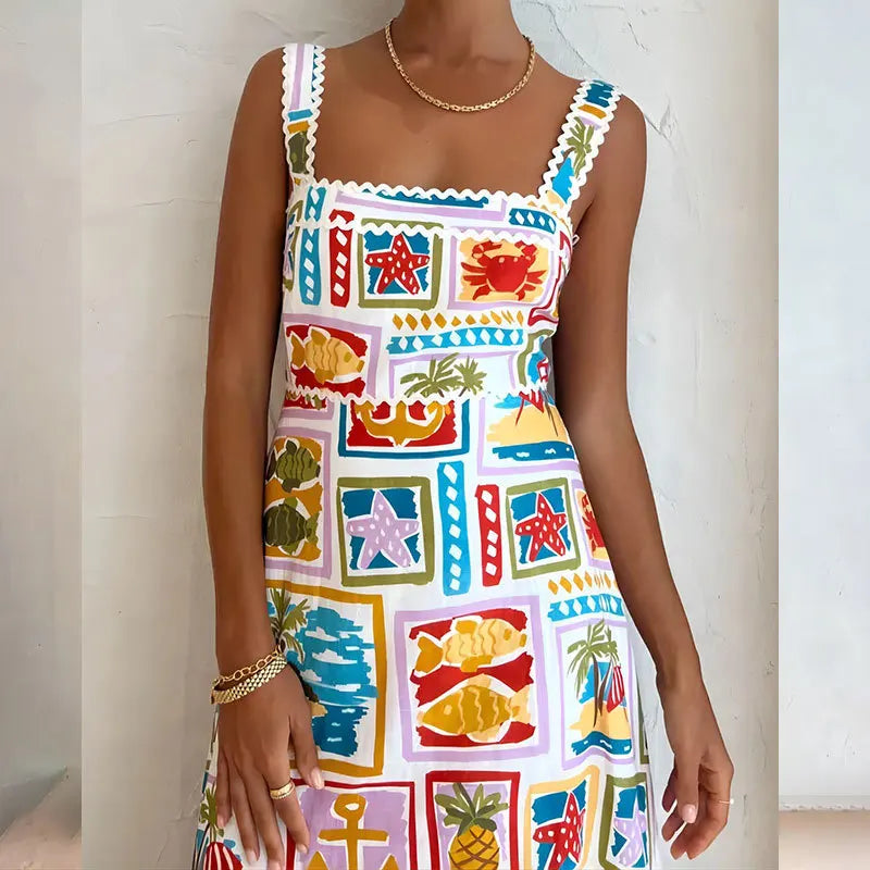 VEITCHE Fruit Plant Print Holiday Women Dress High Waist Slim Sleeveless Beach A-line Suspended Dress Square Collar Summer 2025