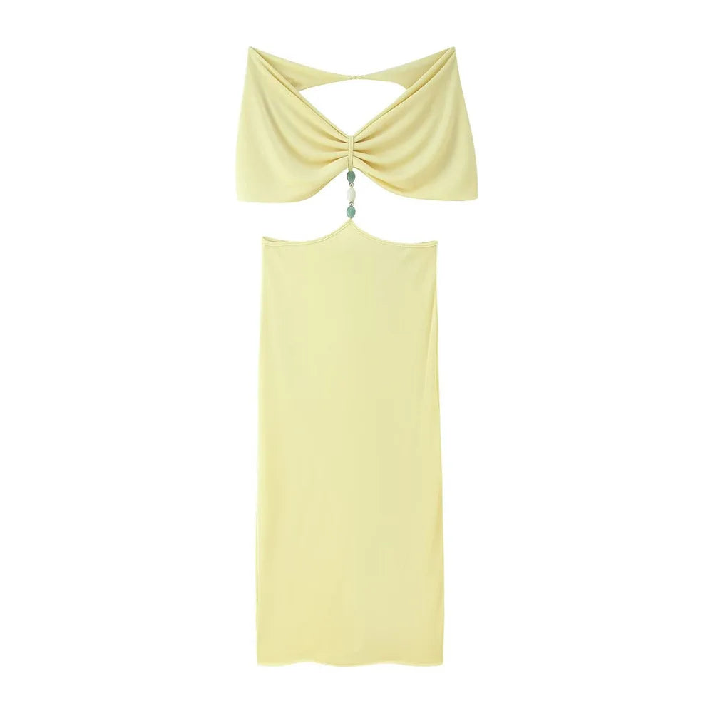 VEITCHE Summer Women Sexy Hollow Out Butter Yellow Long Dress V-neck Backless Beaded decoration Vestidos Female Vacation Robes