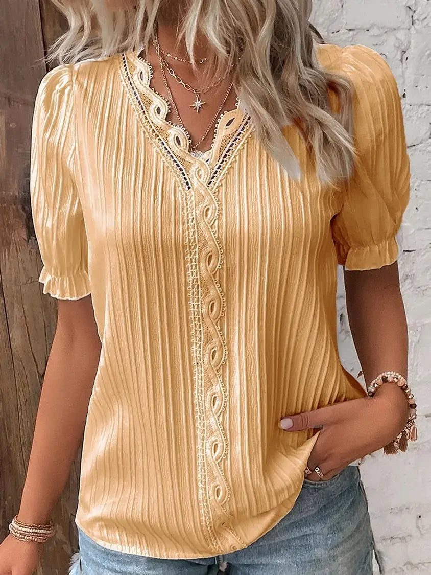 Elegant Women Blouse Shirt V Neck Lace Patchwork Short Sleeve Shirts For Women Summer Lady Tops White