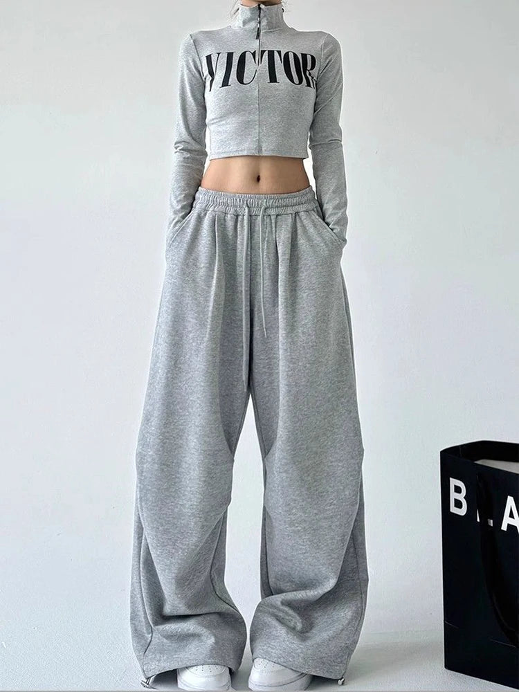 Korean Fashion Wide Leg Loose Sweatpants Women High Waist Drawstring Gray Sports Pants Y2K Streetwear Baggy Oversize Trousers