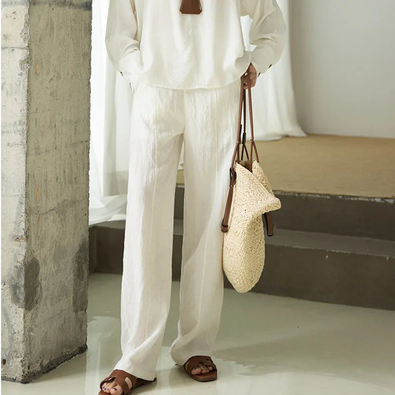 Women's Linen Lyocell Blend Wide Leg Pants Solid Color Versatile Casual Loose Straight Pants Spring Summer High Waist Trousers