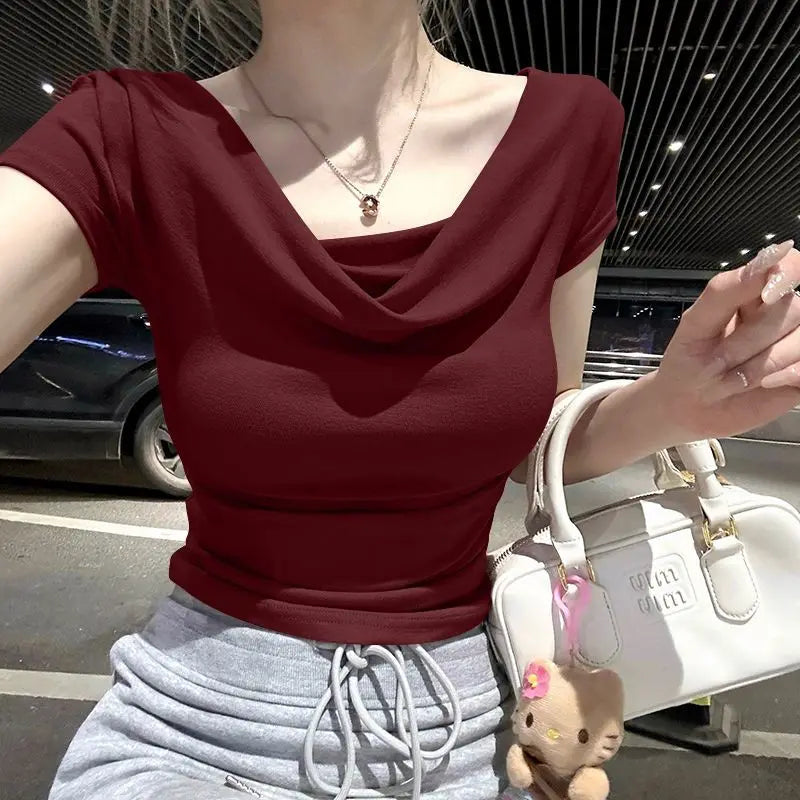 Summer Thread Solid Color Beach Fashion Versatile Women's Short Sleeved T-shirt Casual Lightweight Breathable Sexy Women's Top