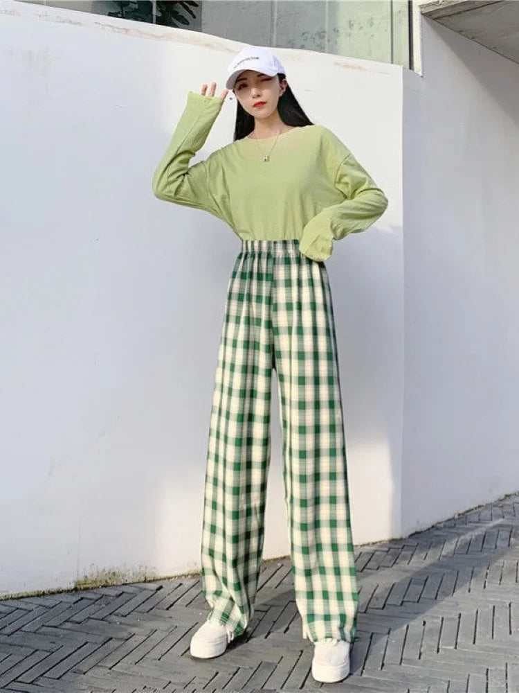 Summer Thin Plaid Pants Women Casual Loose Wide Leg Trousers Korean Style High Waist Hip-hop Streetwear Straight thin Pants