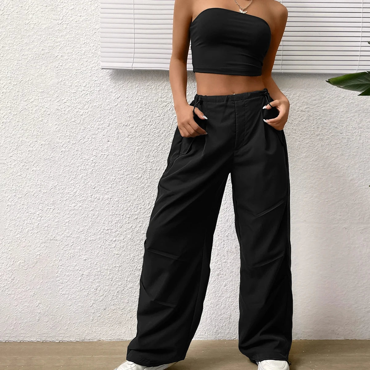 Ladies Sexy Corset And Strapless Top Set with High-Waisted Slimming Wide-Leg Casual Pants Two-Piece Ensemble