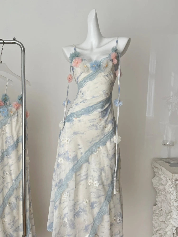 2025 Fairy Print Midi Dress Women Fashion Elegant Vacation Floral Spaghetti Strap Dresses Summer Korean Sexy Bodycon Vestidos