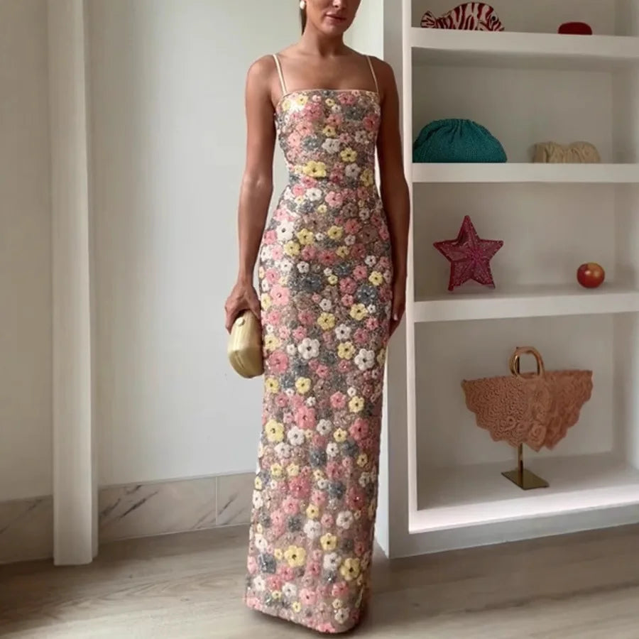 Summ Women Flowers Sequin Patchwork Slim Party Long Dress Strapless Fashion Maxi Dress, Sexy Sleeveless Ladies Dress Vestidos