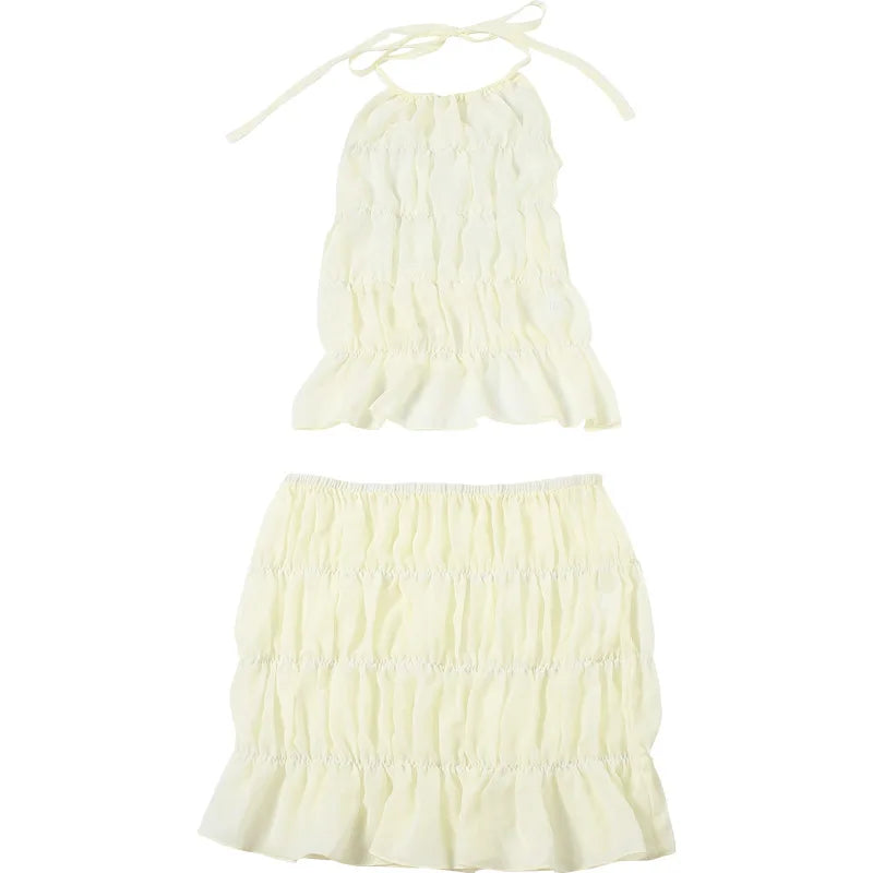 VEITCHE Women Backless Chiffon Mini Skirt Set Sexy Hanging Neck Pleated Solid Color 2025 Summer Beach Vacation Short Skirt Suit