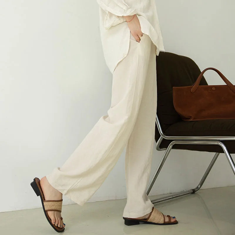 Women's Linen Lyocell Blend Wide Leg Pants Solid Color Versatile Casual Loose Straight Pants Spring Summer High Waist Trousers