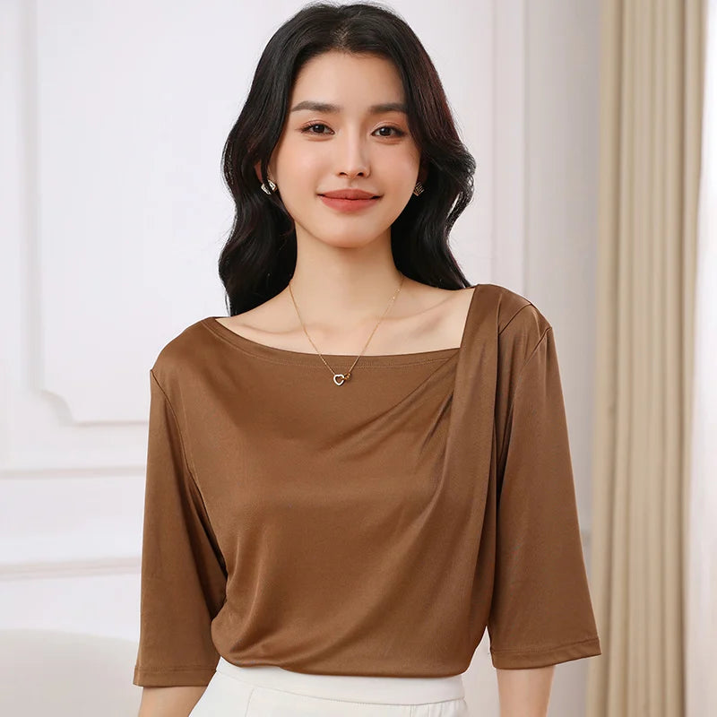 Summer Triacetate Women'S T-Shirt With Three-Quarter Sleeves Silky And Cool Short-Sleeved Asymmetrical Off-Shoulder Design