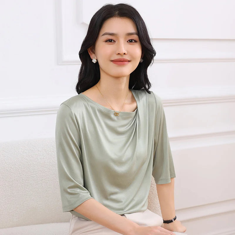 Summer Triacetate Women'S T-Shirt With Three-Quarter Sleeves Silky And Cool Short-Sleeved Asymmetrical Off-Shoulder Design