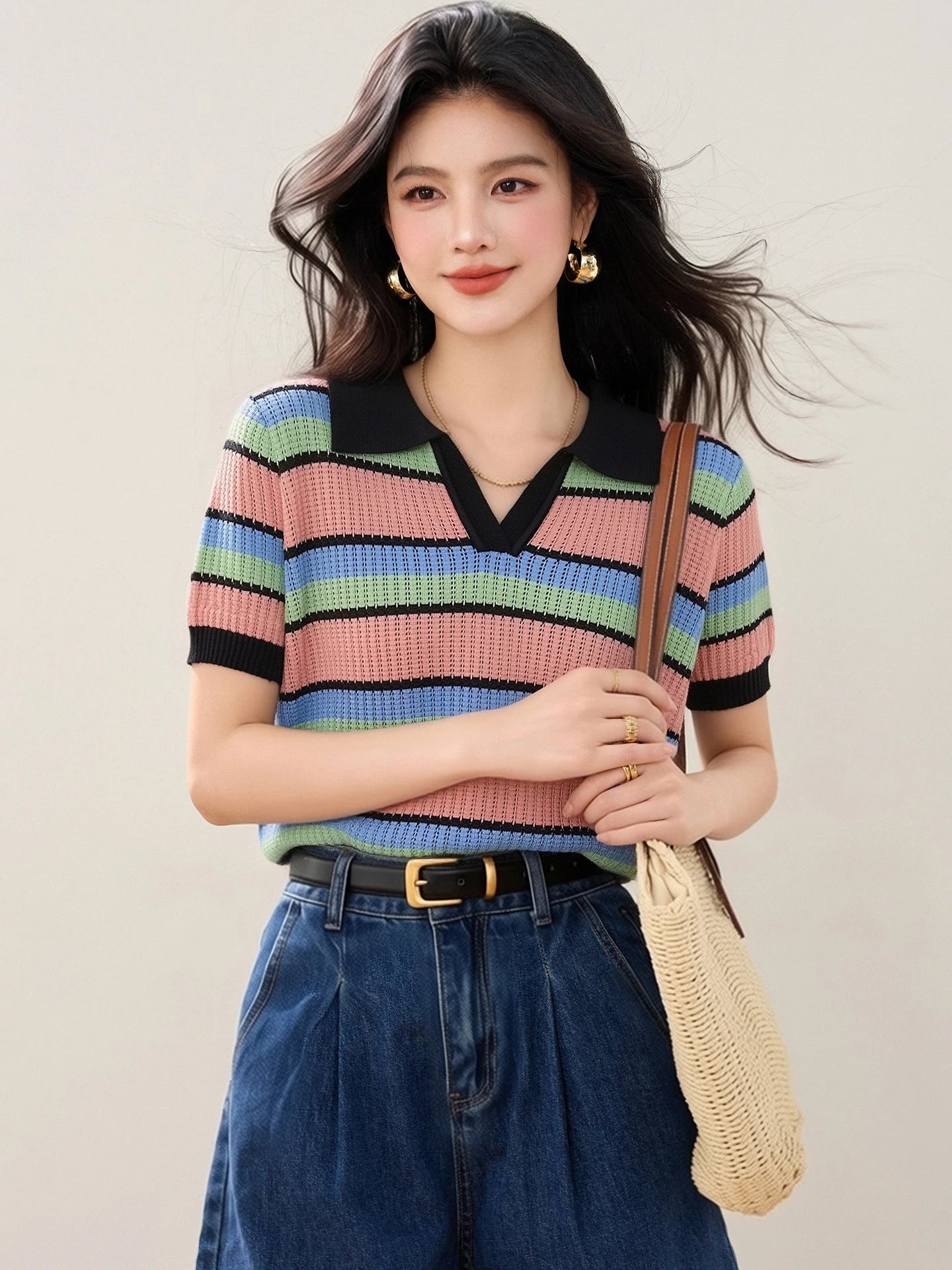 Color-block Striped V-neck Sweet Chic Cropped Top, Women's Fashion Casual Polo Shirt, Korean Style Trendy Casual Women's T-shirt