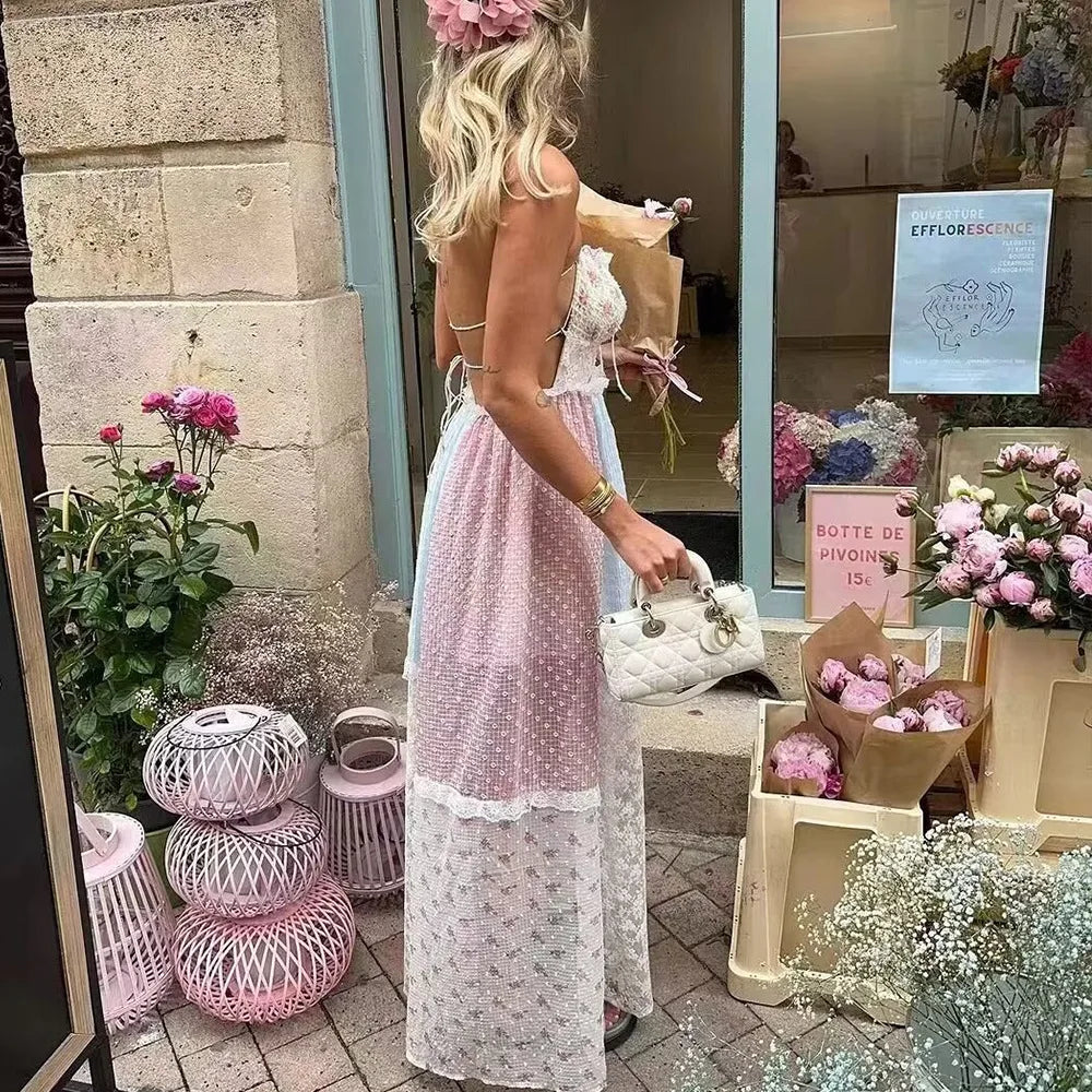 VEITCHE Spring Summer French Sweet Print Backless Strappy Halter Neck Long Dress Women Lace Stitching Holiday Women Maxi Dress