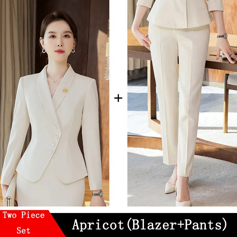 Office Business Women's Suit Pants Two-piece Set 2024 New Spring Autumn Long Sleeve Heart Button Jacket Slim Trousers Skirts