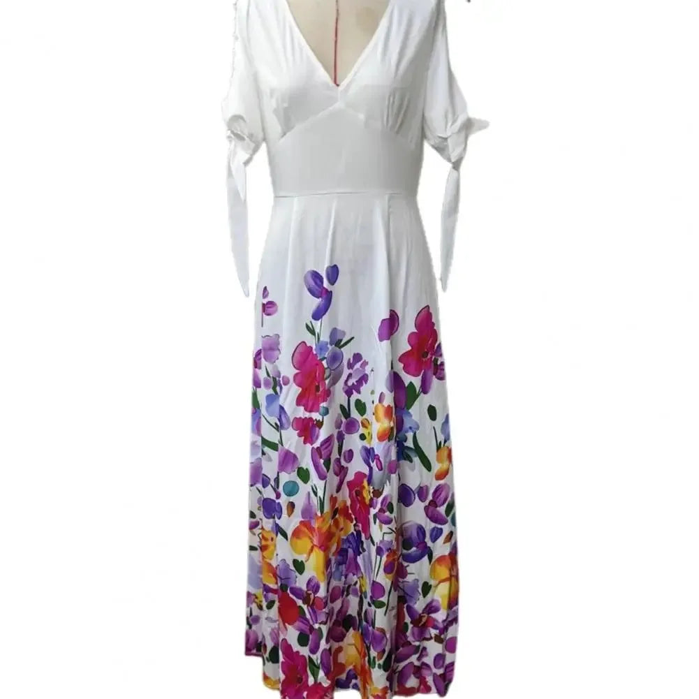 2024 Summer Elegant Women Sexy V Neck Bohemian Long Dress Floral Print Party Dress Tie-up Short Sleeve Hollow Maxi Dresses