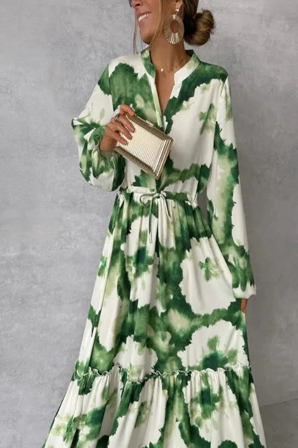 New Women Pile Up Sleeves A-Line Loose Long Dress Fashionable Green Floral print V Neck Casual Lace Up Dress Summer Wear