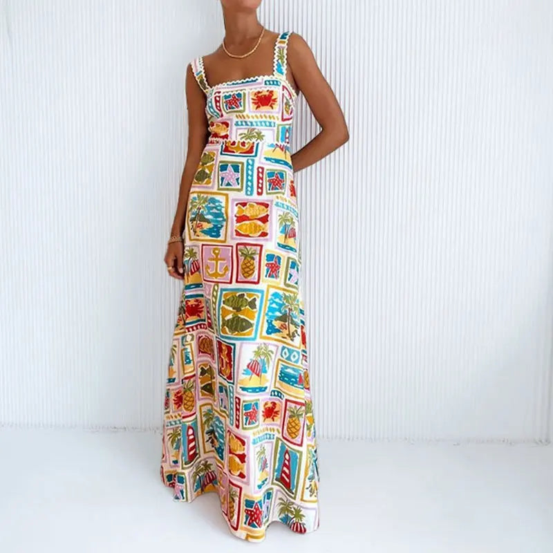 VEITCHE Fruit Plant Print Holiday Women Dress High Waist Slim Sleeveless Beach A-line Suspended Dress Square Collar Summer 2025