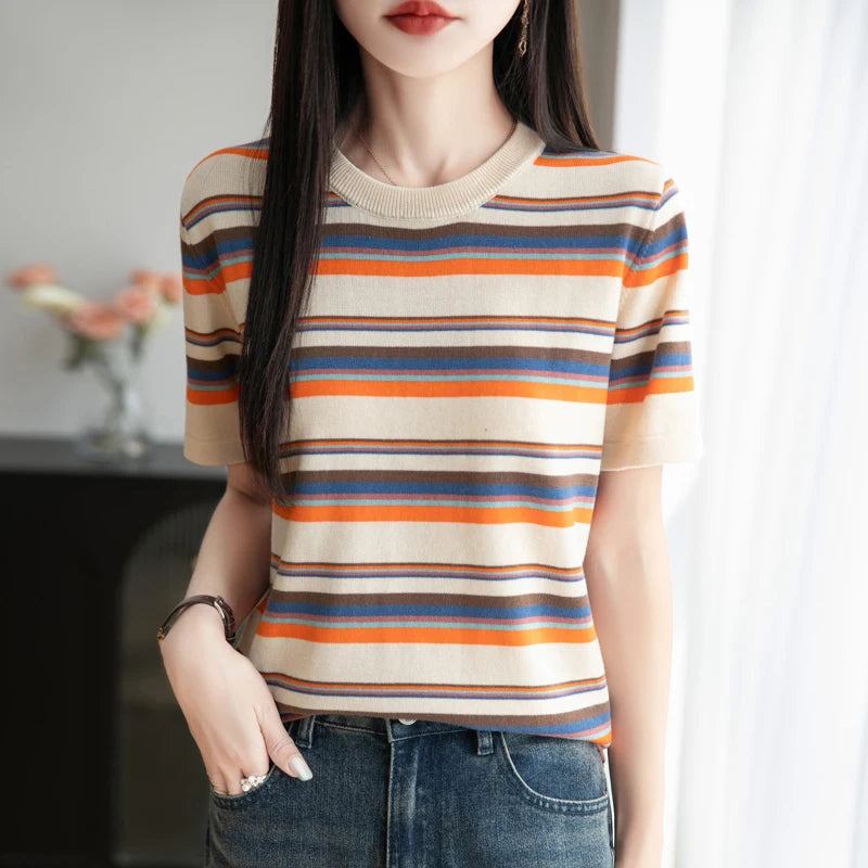 Women's summer new 100% pure cotton knitted short sleeved casual striped T-shirt loose round neck top fashionable pullover