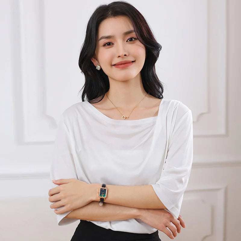 Summer Triacetate Women'S T-Shirt With Three-Quarter Sleeves Silky And Cool Short-Sleeved Asymmetrical Off-Shoulder Design