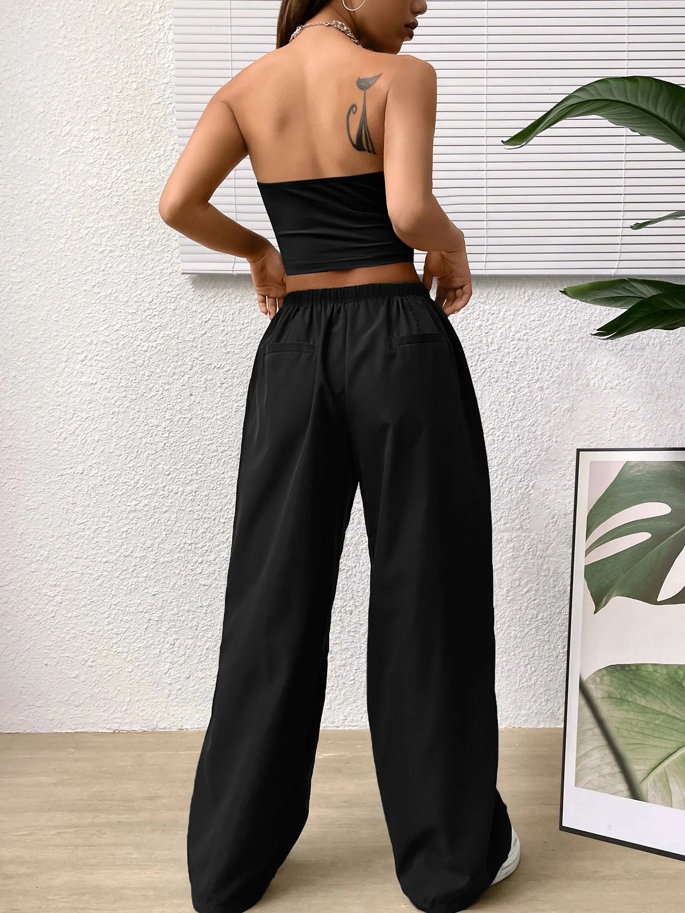 Ladies Sexy Corset And Strapless Top Set with High-Waisted Slimming Wide-Leg Casual Pants Two-Piece Ensemble