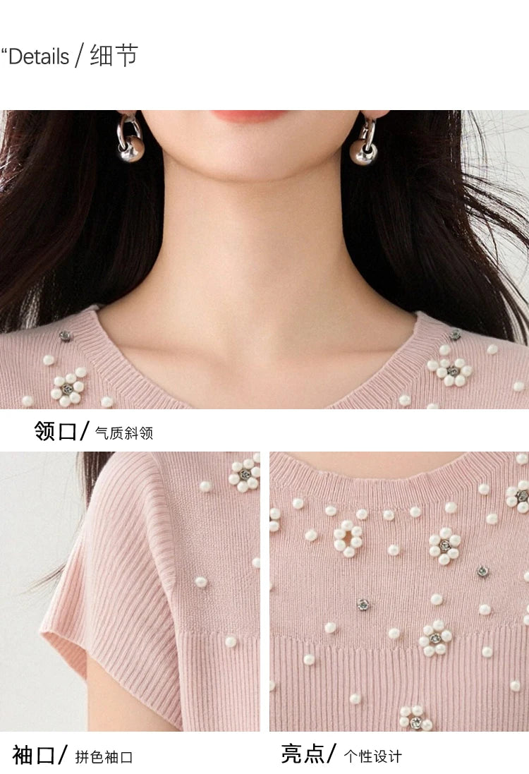 New Summer Pearl Flower Beaded Crew Neck Minimalist T-Shirt Women's Fashion Slim Fit Casual Short Sleeve Top