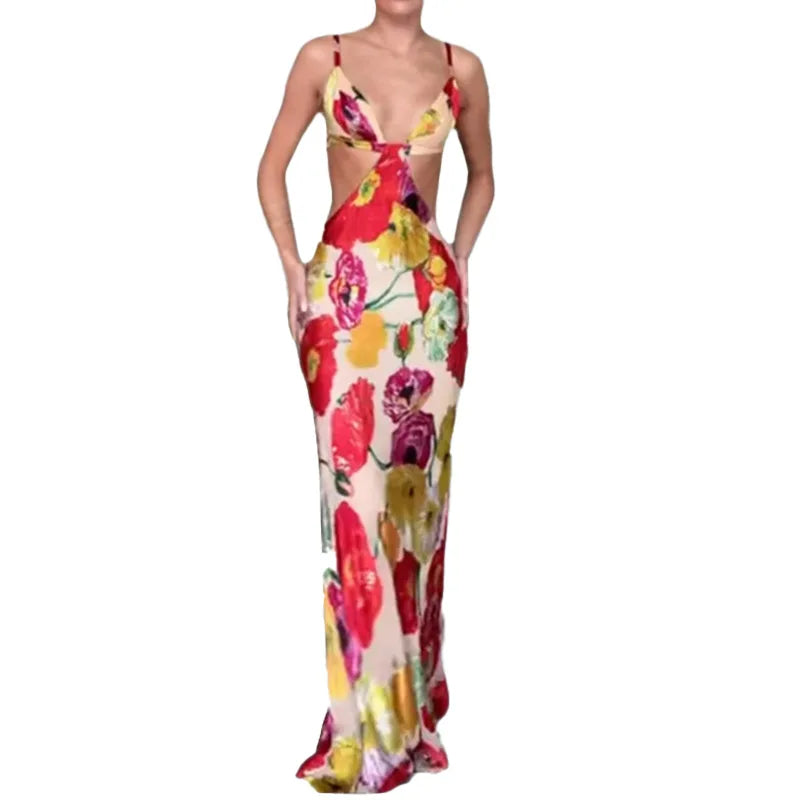 VEITCHE Summer Women Sexy V Neck Floral Print Maxi Dresses Elegant Sleeveless Backless Waist Hollow Out Vestidos Lady Club Party