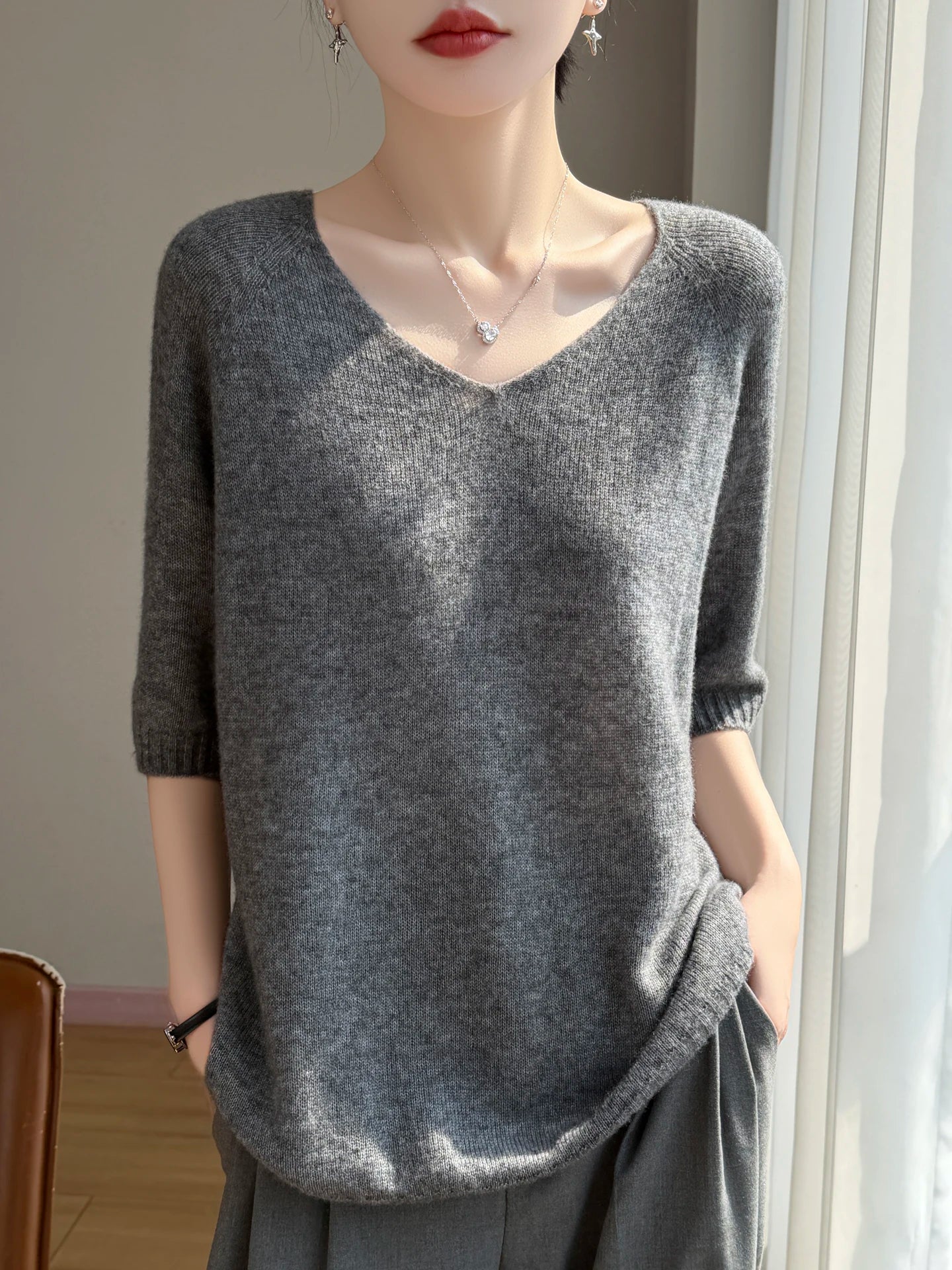 Basic Spring Summer Women's T-Shirts Wool Blend Female Knitwear Loose Pullover Cozy Blouse Half Sleeve Clothing Plus Size Tops