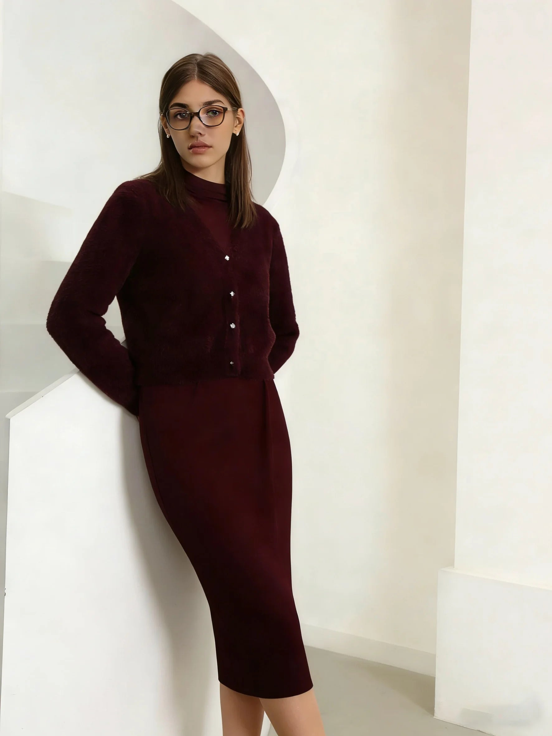 2026 Autumn Winter Women Wine Red Thick Warm Coat Long Sleeve V-neck Soft Fleece Jacket Precious Bright diamond button Warm Wear