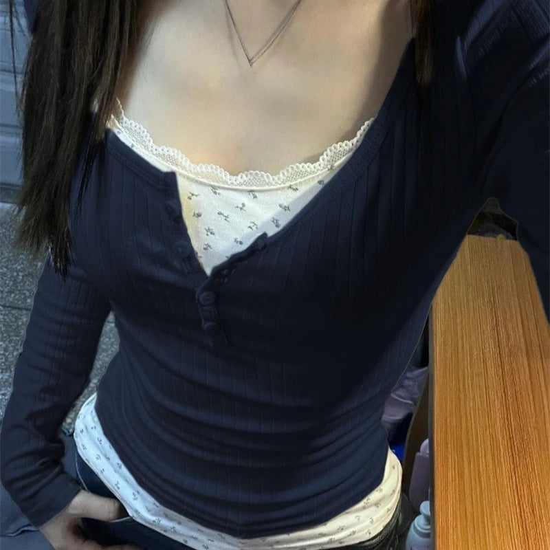 Women Streetwear Fake Two Pieces Long Sleeve T-shirt Floral Lace Trim Casual Slim Fit Tees Female Autumn Winter Bottoming Top