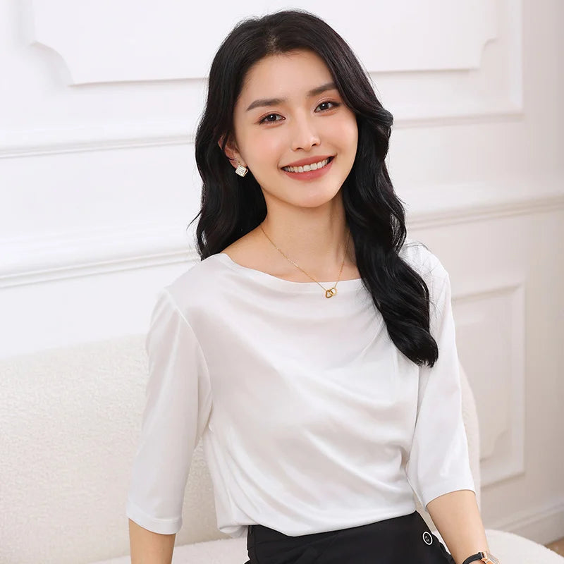 Summer Triacetate Women'S T-Shirt With Three-Quarter Sleeves Silky And Cool Short-Sleeved Asymmetrical Off-Shoulder Design