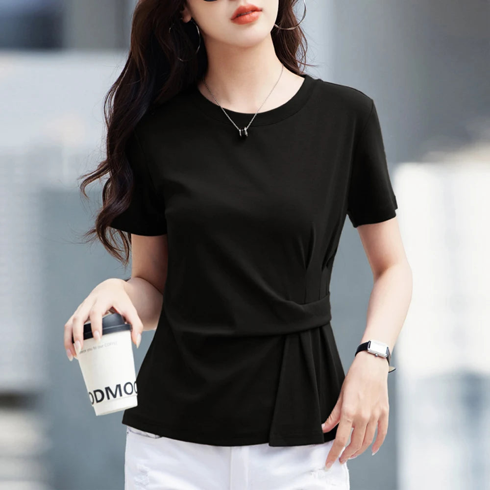 Wine red short sleeved T-shirt for women's summer new high-end cotton fashion plus size irregular round neck casual top