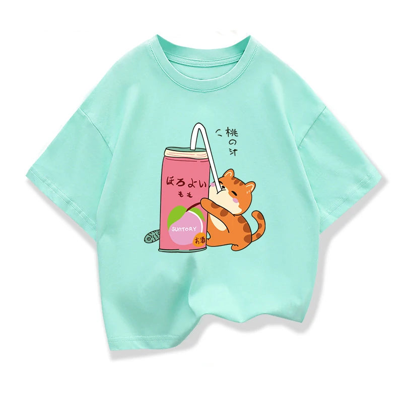 Cute Cat Drinking Milk Tea Casual Clothes Tops Harajuku Funny Cartoon Short Sleeve T-shirt Boys Girls Loose Tee Tops