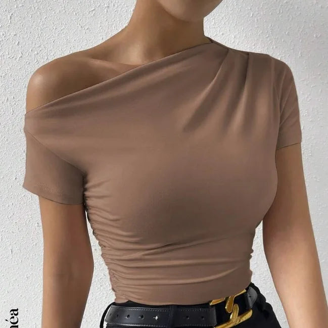 2026 New Women's Off-Shoulder Pleated Top Summer Y2K Sexy Crew Neck Short Sleeve Fashionable Elegant Slim-Fit Top