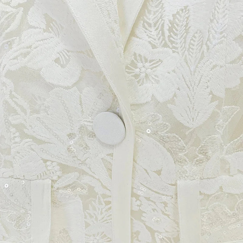 JAMERARY New Fashion Mesh Embroidered Blazers Jackets Wide Leg Pants Sequins Suit Coat Women Pants White Lace Two Piece Set