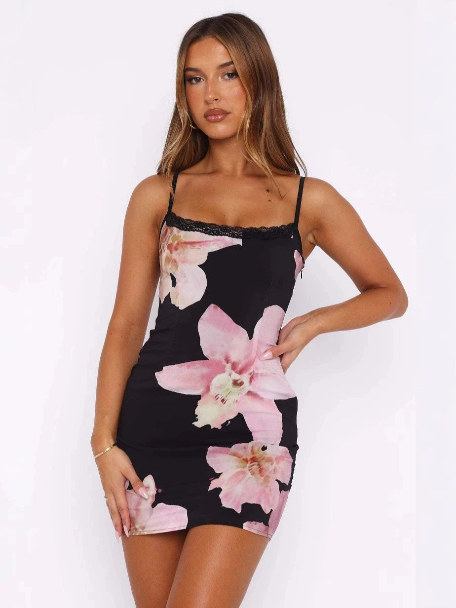 Women Summer Sexy Party Mini Dress Fashion Flower Print Sleeveless Backless Bodycon Simple Dresses Casual Club Elegant  Dress