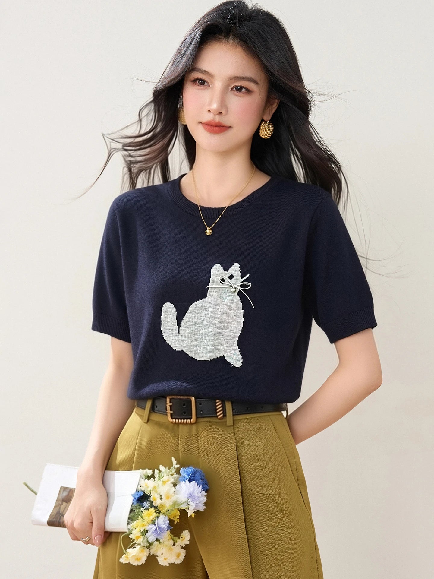 New Summer Cute Cartoon Cat Crew Neck Short Sleeve Printed T-Shirt Versatile Pullover Korean Style Fashion Casual Women's Top