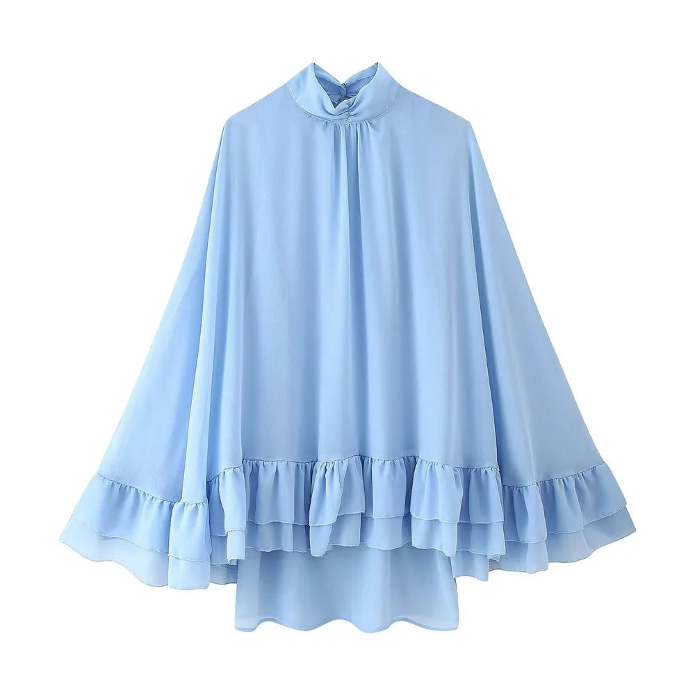 VEITCHE Fashion Women Chiffon Ruffles Mini Dresses Loose Turtleneck Flare Sleeve Blue Dress Spring Summer Lady Vacation Robes