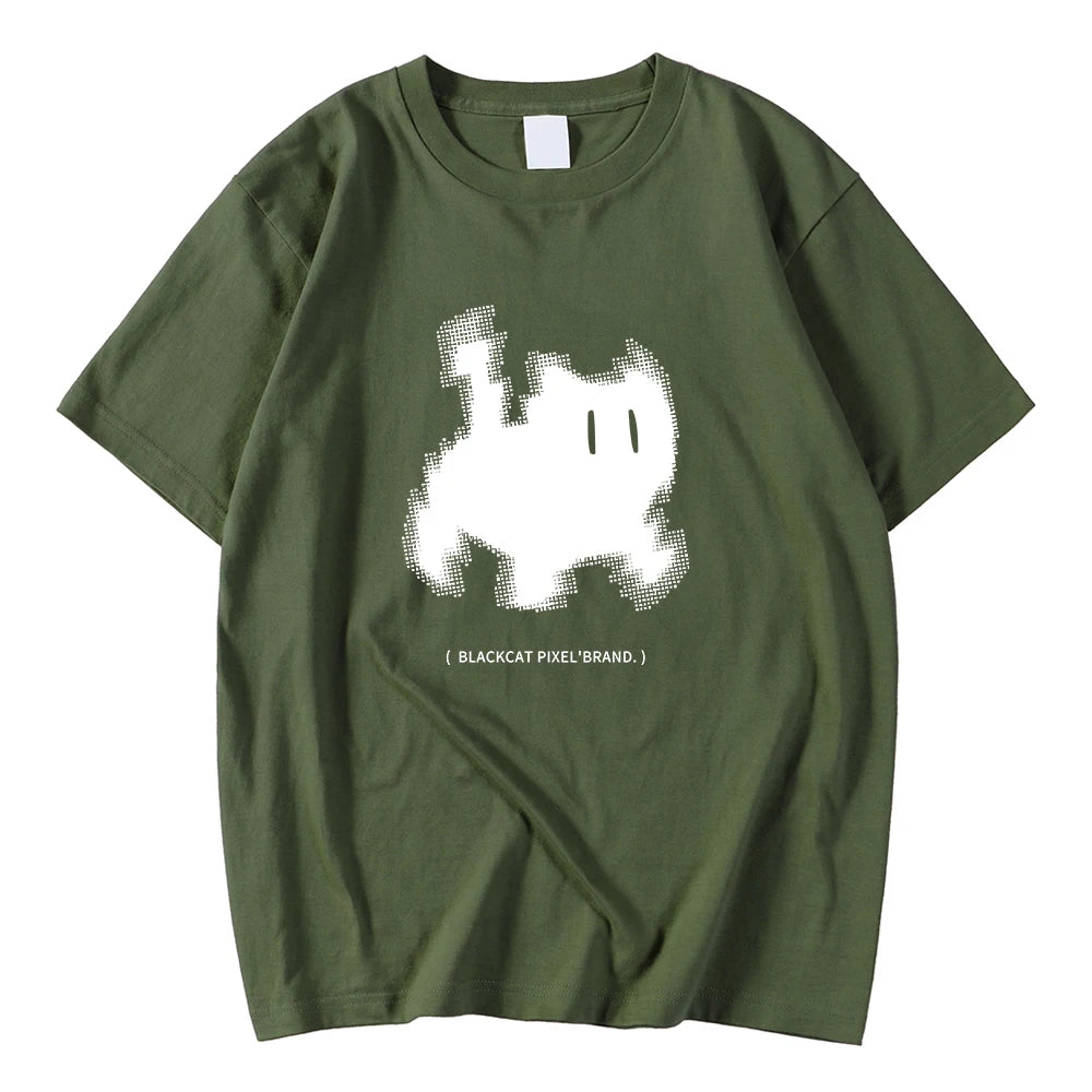 Korean Fashion Womens T-Shirts Black Cat Pixel Cartoons Printing Tops Comfortable Soft O-Neck Loose Short Sleeve Female Clothes