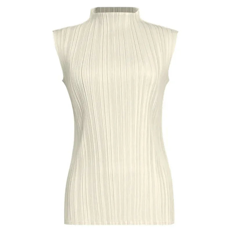 Miyake Pleated Elegant Fashion Temperament Solid Color Half High Neck Sleeveless Women's Vest 2023 Summer New Breathable Top
