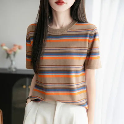 Women's summer new 100% pure cotton knitted short sleeved casual striped T-shirt loose round neck top fashionable pullover