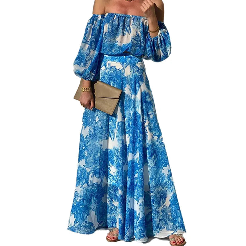 VEITCHE Summer Sexy Off Shoulder Women Long Dress Vacation Style Blue Printed High Waist Bubble Sleeve Sexy Maxi Dresses