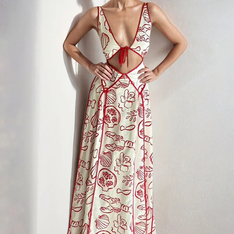 2025 New Summer Elegant Women Printed Maxi Dress Fashion Sexy Backless V-Neck Bandage Tank Dress Lady Party Sleeveless Vestidos