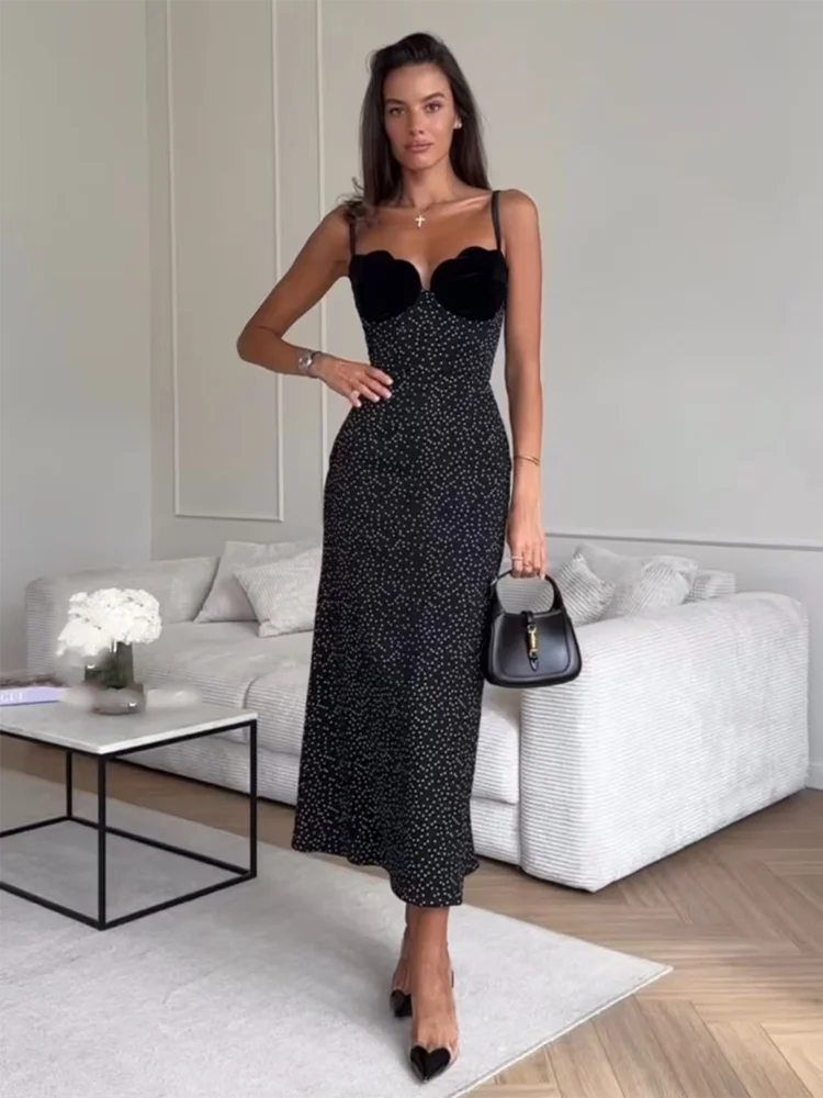 VEITCHE 2025 Women's Holiday Strap Dress Polka Dot Print Sexy A-Line Skirt Commute Wear Casual Women's Fashion