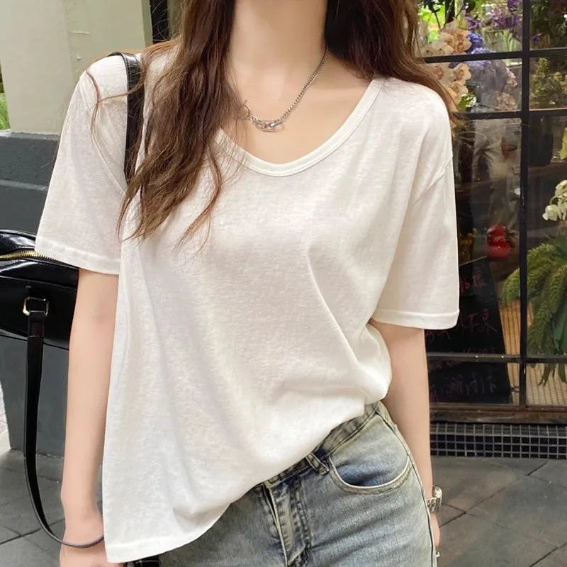 Breathable Soft V-Neck Loose-Fit Short-Sleeved T-Shirt for Women – Basic Layering Top, Versatile