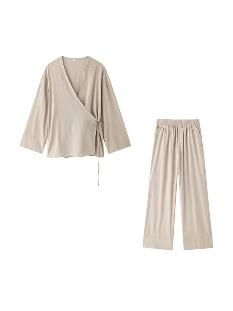 Women Fashion With Tied Loose Kimono Blouses And High Elastic Waist Side Pockets Pants Female Two Piece Sets Mujer